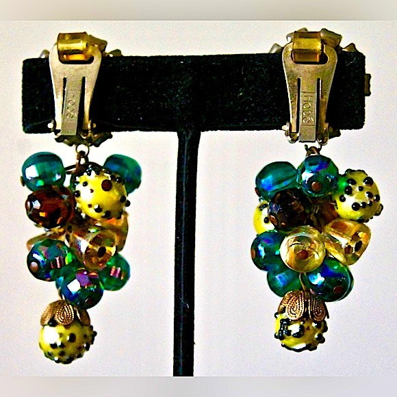 HOBE EARRINGS DANGLE CLIP 2 1/2 INCH VINTAGE GREEN YELLOW BROWN CRYSTALS - Picture 9 of 11